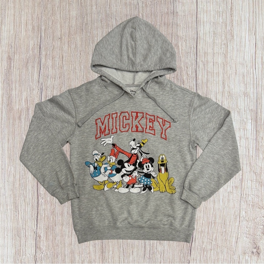 DISNEY Mickey and Friends Gray Multi Color Embroidered Pullover Fleece Hoodie MD